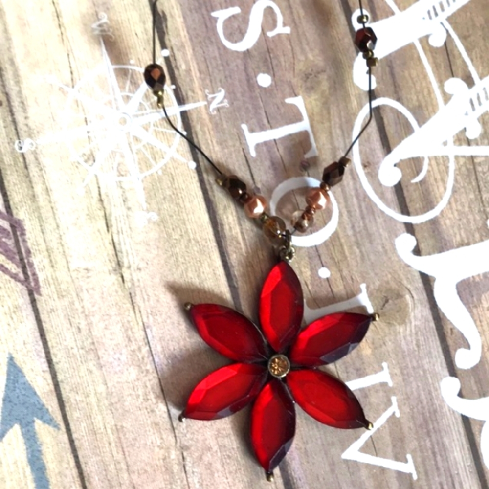 NY& Co Bold Red Rhinestone Flower Choker Beads Poinsettia Holiday Glam
